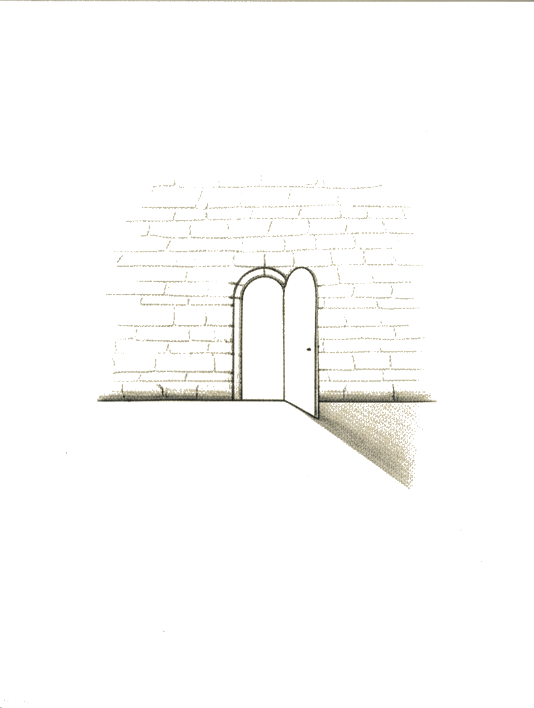 An arched stone doorway standing open with light streaming through